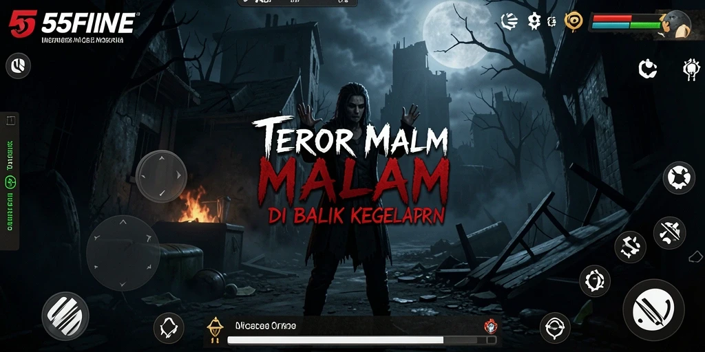 Tangkapan layar gameplay 55FIVE yang menampilkan suasana horror yang menegangkan.
