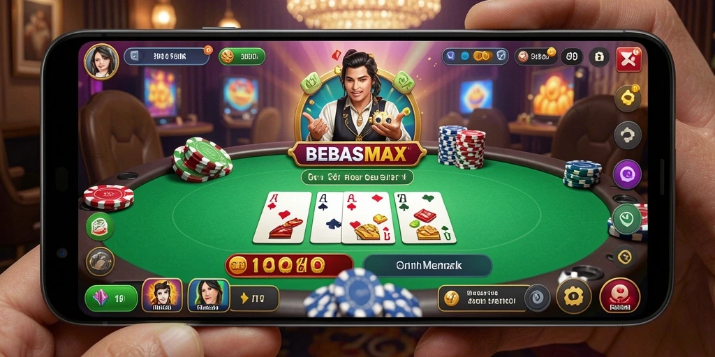 Tampilan utama gameplay BEBASMAX dengan aksi poker yang seru.