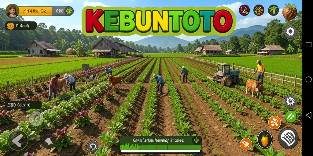 Screenshot gameplay KEBUNTOTO menunjukkan ladang yang sedang dirawat.