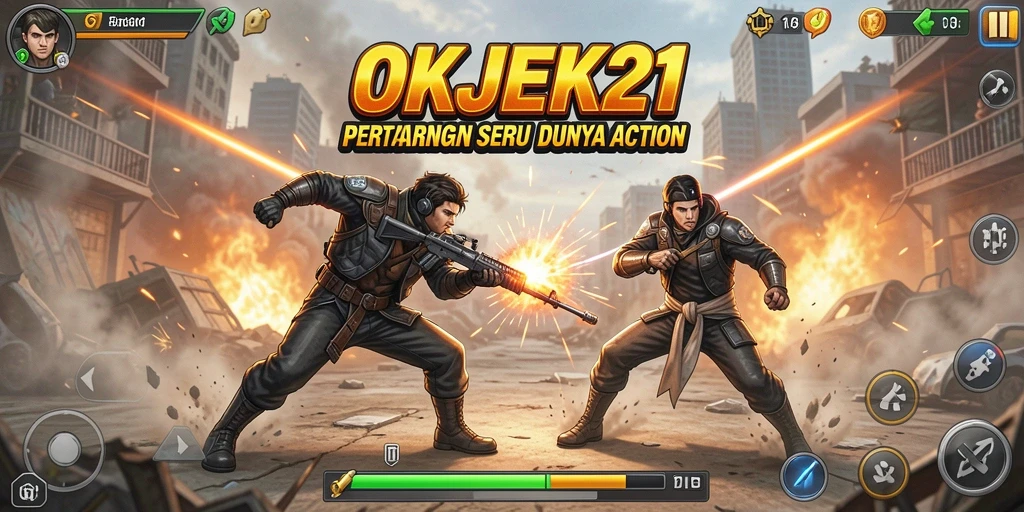Menampilkan petarungan seru dan karakter dinamis dalam gameplay OKJEK21.