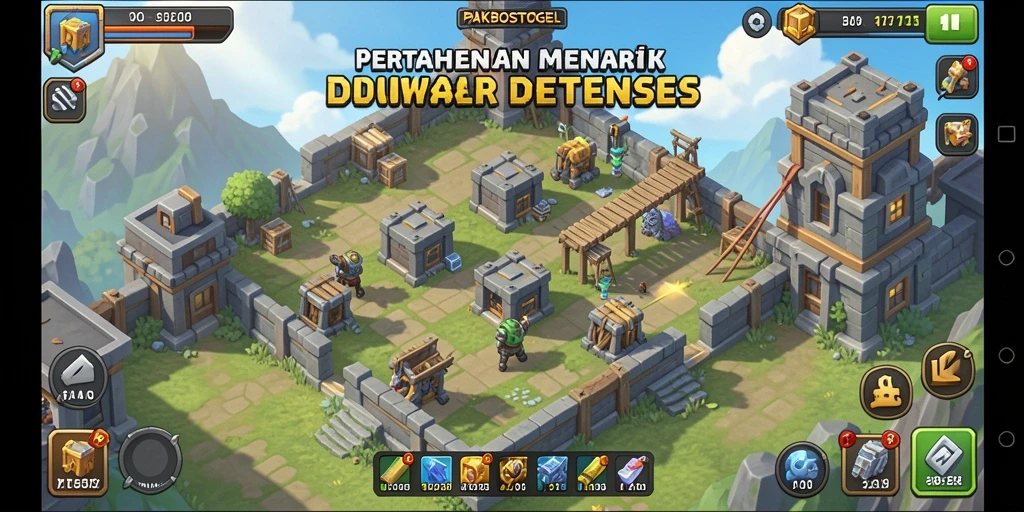 Screenshot gameplay PAKBOSTOGEL menampilkan menara dan berbagai musuh yang menyerang.